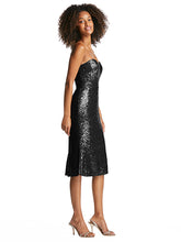 Load image into Gallery viewer, Strapless Sequin Midi Dress with Flared Skirt